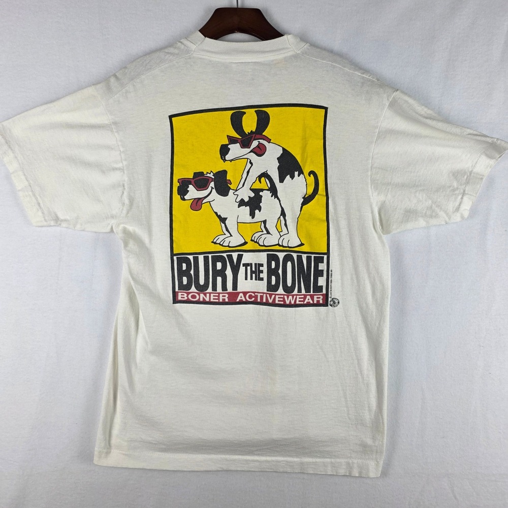 Vintage Boner Activewear Bury The Bone Dog Graphic T-Shirt White Large 80s USA
